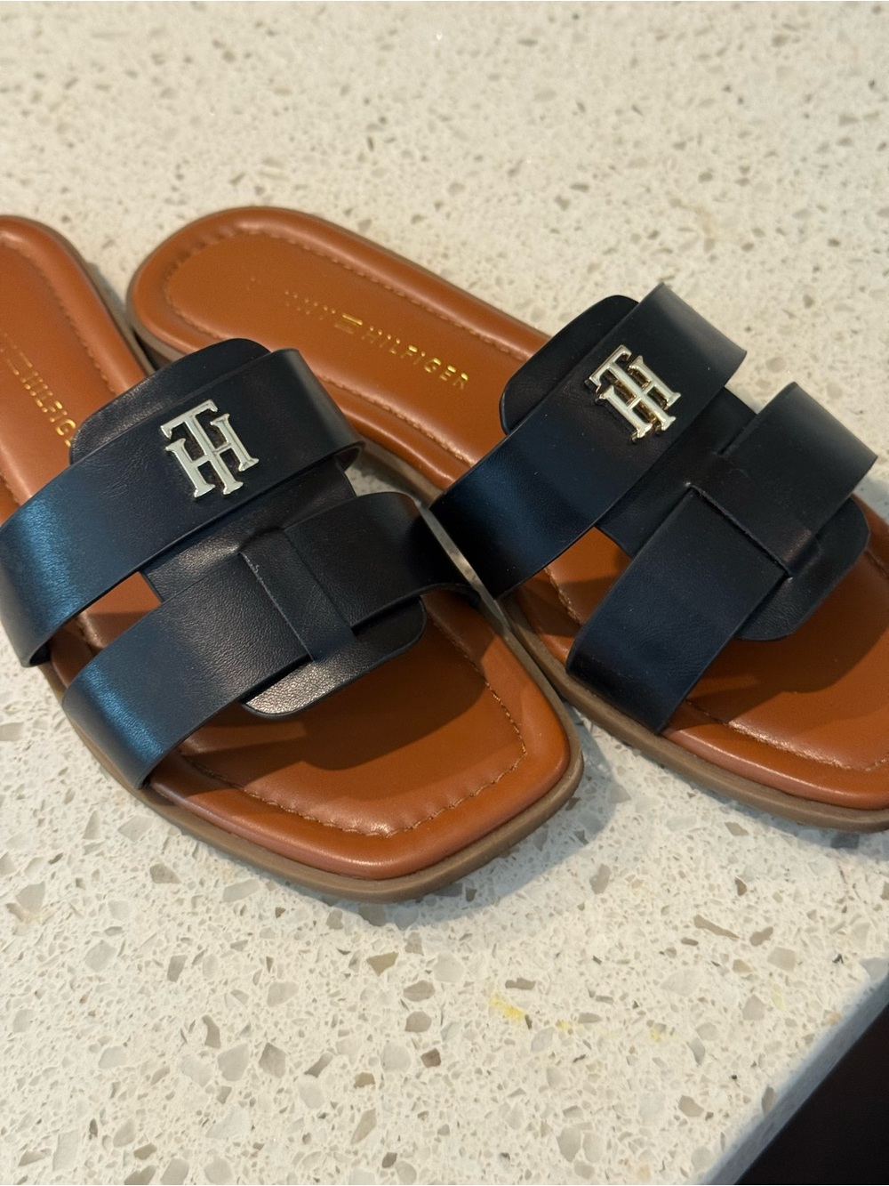 Tommy Hilfiger Black Leather Slide Sandals with Gold Logo